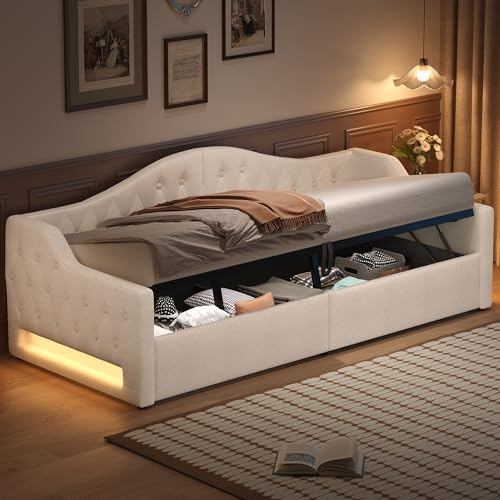 Oxtao Letto imbottito divano letto 90x200cm, letto singolo con vano portaoggetti idraulico, con luce LED, letto diurno letto per ragazzi con rete a doghe, lino, senza materasso (beige, 90x200CM)
