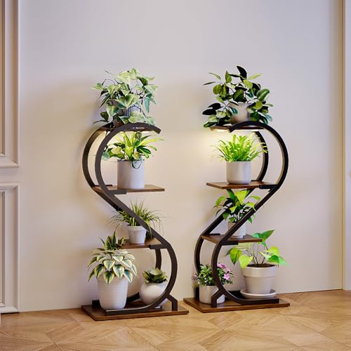 Trironsun Confezione da 2 supporti per piante con lampada per piante, scaffale per piante in metallo a 4 ripiani, 74 cm, supporto per più piante da interno, supporto per fiori per soggiorno, balcone