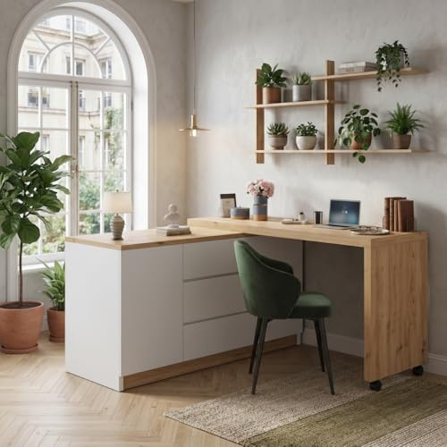 Ligterra Scrivania pieghevole, scrivania con cassetti, scrivania ad angolo, credenza, con ruote bloccabili, tavolo girevole, bloccabile, 120 x 50 x 76,5 cm (bianco+rovere)