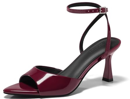 Coutgo Womens Kitten Heels Sandals Pointed Open Toe Ankle Buckle Strap Summer Dress Shoes, Wine Red, size 7.5
