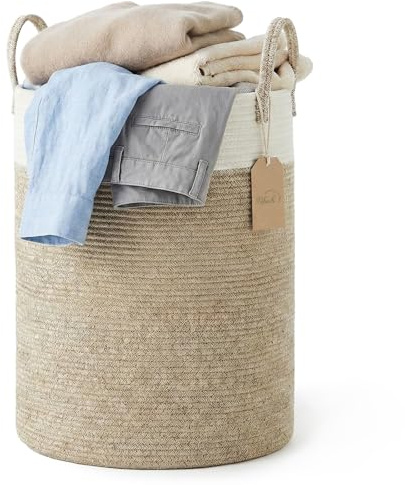Ribech Cesto per Biancheria in Corda Intrecciata, 58L Grande Cesto di Deposito – Doppio Colore Marrone & Bianco, con Maniglie per Camera, Soggiorno & Camera dei Bambini (38x38x50 cm)