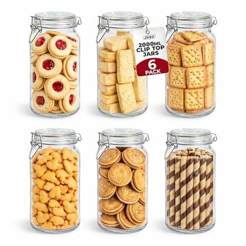 ZENO Clip Top Glass Jars 2000ml | Airtight Glass Storage Jars with Lids | Mason Style Glass Jars for Dry Food Coffee Tea Spices | Kitchen Preserving Pickle & Storage Jars (6)