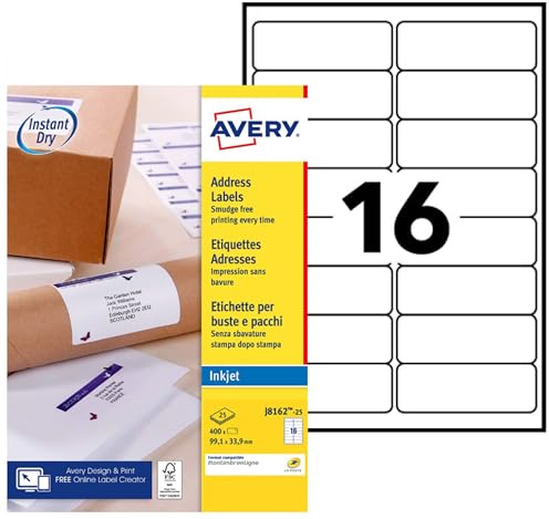 Avery Smudge Free, Printable, Multi Purpose Labels, Quickdry, 99.1 x 33.9 mm, White, 16 Labels per Sheet, 400 Blank Labels per Pack (J8162-25)