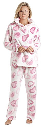Camille Womens 2-Piece Super Soft Pyjamas - Glitter Heart Print | Warm, Thick Fleece Full Length PJs, Top & Bottoms | Long Sleeves, Pocket & Elastic Waist | Loungewear for Women | Pink 10-12