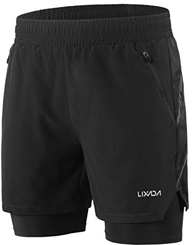 Lixada Hombres Pantalónes Cortos de Running 2-en-1,Atletismo/Fitness/Maratón,Transpirable+Secado Rápido, Talla L,Color Negro
