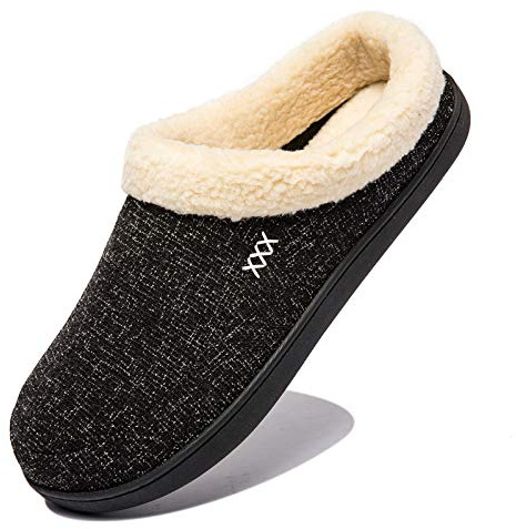NewDenBer Men's Cozy Memory Foam Slippers with Fuzzy Plush Wool-Like Lining, Soft Slip on Indoor Outdoor Clog House Shoes (13-14 D(M) US, Black)