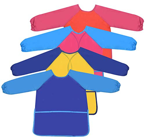Fangehong 4 Stück Malschürze Kinder, Malkittel Kinder Bastelschürze mit Langen Ärmeln & Taschen, Kinderschürze Wasserdichter Kittel Schürze Für Mädchen Junge 3-7 Jahre Malen Basteln Kochen Backen