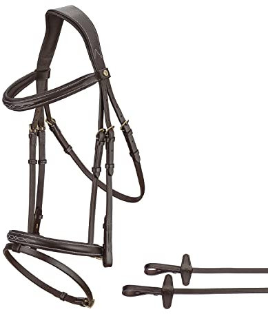 SUNRIDE Englisch kombinierte Trense für Pferde (London) - mit Zügeln - weiches Echtleder - extra Polsterung - anatomisch, verstellbar - handgefertigt - mit Ziernähten - rostfrei - braun (Cob)