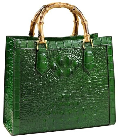 Crocodile Pattern Leather Women's Bag Bamboo Top-Handle Satchel Handbags Portable Tote Bag Shoulder Messenger Bags (Green)