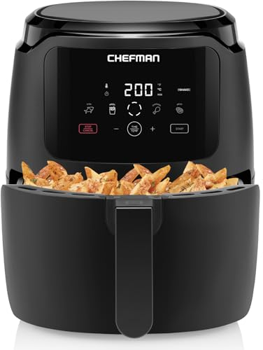 Chefman Digitale Heißluftfritteuse, 4.75 Liter Familiengröße, One Touch Steuerung, Pommes, Hähnchen, Fleisch, Fisch, Antihaftbeschichtet, Spülmaschinenfeste Teile, Automatische Abschaltung, Schwarz