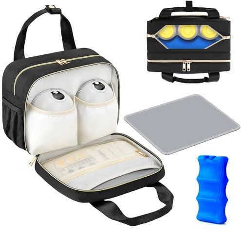 PIIOSER Breastmilk Cooler Travel Bag with Ice Pack, Compatible with Wearable Breast Pumps & Accessories - Portable Hands Free Breast Pump Carrying Case for Nursing & Working Moms, Black