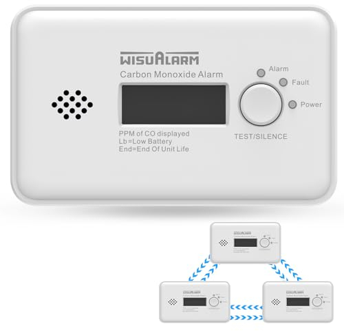 Kohlenmonoxidmelder, Funk-CO-Melder, 10-Jahres-Batterie, Kompatibel mit Wisualarm Basisstation, CO-Warngerät mit LCD-Display und Test-/Stummschalttaste, TÜV-Zertifiziert nach EN 50291 (Kabellos)