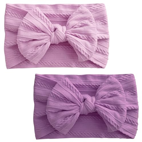 2 Stück Stirnbänder für Neugeborene, Baby-Turban-Stirnband, Baby-Mädchen-Schleifen, weiche Schleife, Kopfbedeckung, elastische Haarbänder für Kleinkinder, Neugeborene (Tiefviolett + Helllila)