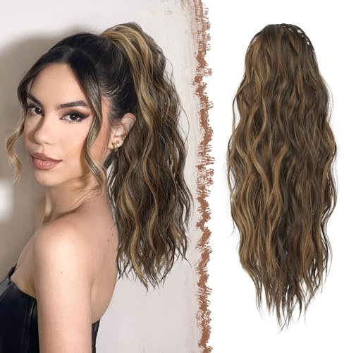 FESHFEN Coda Capelli Extension Ondulata, Lunga Coda di Cavallo Extension con Coulisse Ricci Posticci Sintetici Finta Capelli Biondo Dorato misto Castano Nero Ponytail Extensions Per Donna, 45 cm