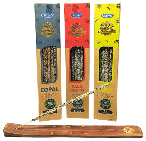 Pack 3 Unidades Incienso Natural Organico Ullas + 1 Tablilla Aromasenses (Palo Santo - Ruda - Copal)