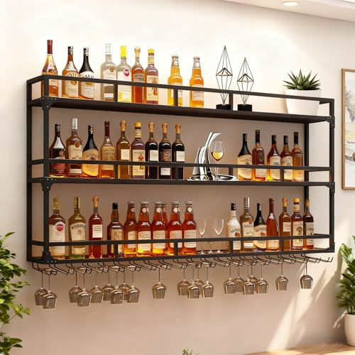 Portabottiglie da parete, portabicchieri da liquore industriale galleggiante a 3 livelli, grande espositore per bottiglie di vino in metallo, scaffale da appendere, Arredamento Casa (Nero, 150cm)