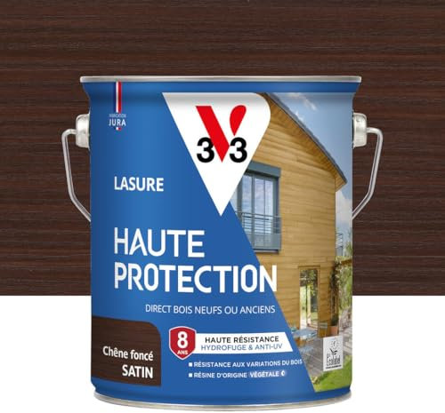V33 Lasure Bois extérieur Chêne foncé satin - Haute Protection 8 ans - Haute résistance hydrofuge et anti-UV - Résiste aux variations du bois - Ecolabel, résine d'origine végétale - 2,5L