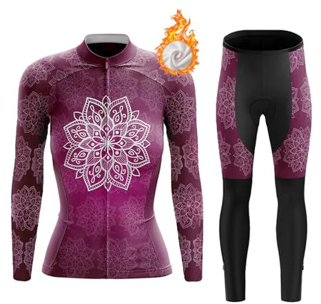 Maillot Cyclisme Femme Tenue Cycliste Hiver,Vêtements de Velo VTT en Polaire Thermique Jerseys Manche Longue et Pantalon avec 19D Coussin Gel,Ensemble Combinaisons de Cycling MTB Respirant(B13,L)