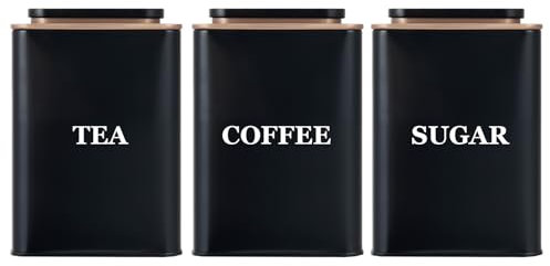 Bayseun Tea Coffee Sugar Canisters, Set of 3 Tea Coffee and Sugar Canisters for Home, Easy Open & Airtight Lids, Decorative Food Caddy, Kitchen Storage Jars, Decorative Stainless Tins, Black