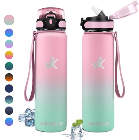 KollyKolla Botella Agua Acero Inoxidable 1L, Botella Termica con Pajita, Cantimplora sin BPA, Reutilizable, Doble Pared al Vacío a Prueba de Fugas, Termo para Niños & Adultos, Deporte, Senderismo