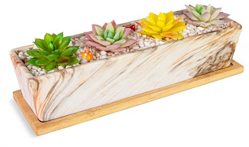 ARTKETTY Pots de Fleurs succulentes – Grand Pot de Fleurs succulentes avec Plateau de Drainage, Rebord de fenêtre, Pot Long rectangulaire en céramique pour Plantes de Cactus d'intérieur, bonsaï Peu