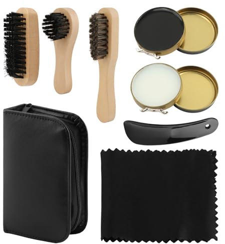 MOVKZACV Set di 8 spazzole per scarpe, crema per scarpe e set per la cura in pelle liscia e scamosciata, pulitore per scarpe, spazzola per scarpe con spazzole di cavallo e PU, Nero , taglia unica