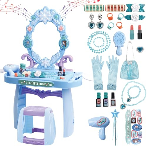 deAO Table De Maquillage pour Fille, avec Tabouret Et Accessoires Princesse, Coiffeuse avec Accessoires, Maquillage Jouets Jeu De Rôle, Coffret Maquillage Enfant Makeup Set, Jouet pour Fille 3+ Ans