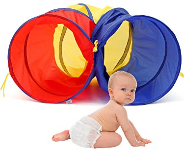 Tunnel per gattonare per bambini, tunnel colorato pop-up, tenda pieghevole, giocattolo per bambini, a partire da 1 anno e animali domestici, gioco per interni ed esterni (rosso, giallo, blu)
