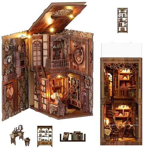 MoKo Kit de Rincón de Lectura, Rompecabezas de Madera 3D con Luces LED, Kit para Construir Casas en Miniatura, Rincón de Libro Decoración Regalos para Adultos Familia, Biblioteca Real