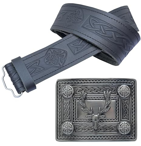Men's Kilt Belt and Buckle Set - Scottish Celtic Diamond Embossed Leather Belt with Stag Head Pewter Buckle - Ideal for Highland Dress, Men's Kilt Accessory