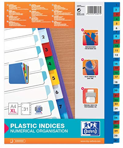 Oxford Register A4 aus Kunststoff, Zahlen 1-31 ,31-teilig, extrabreit für Prospekthüllen