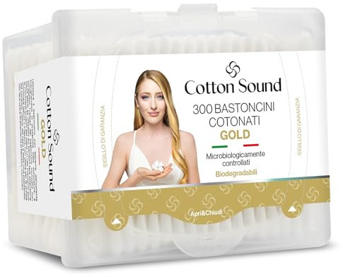 COTTON SOUND Gold Stäbchen aus biologisch abbaubarem Papier, 1 Packung x 300 Stück, ideal für empfindliche Haut, hergestellt in Italien