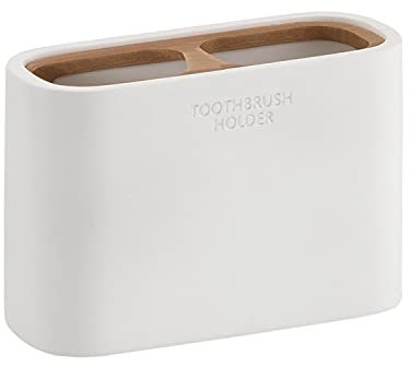 Gedy Melbourne Portaspazzolini da Bagno, Misure e Peso: 8,5X12,8X5,6 CM & 0,364 kg, Porta dentifricio e spazzolino in resine e bambù, Finitura Bianco e bambù, Design R&S, 2 Anni di Garanzia