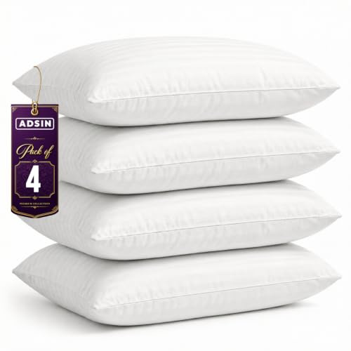 4 Pack Stripe Hollowfibre Pillows Hotel Quality, Soft, Comfortable Suitable & Supportive Bounce-Back Luxury Pillows for Stomach, Back & Side Sleep, Standard Size (19x29)