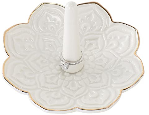 HOME SMILE Ceramic White Mandala Ring Holder,Decorative Jewelry Dish Tray, Engagement Wedding Birthday Valentines's Day Gifts for Women