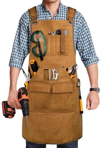 Woodworking Apron for Men, Shop Apron 20 oz Canvas Work Apron with 9 Tool Pockets, Heavy Duty Wood Working Workshop Bib Apron for Carpenter Woodworker Blacksmith, Men Gift, Adjustable to S- 3XL, Khaki