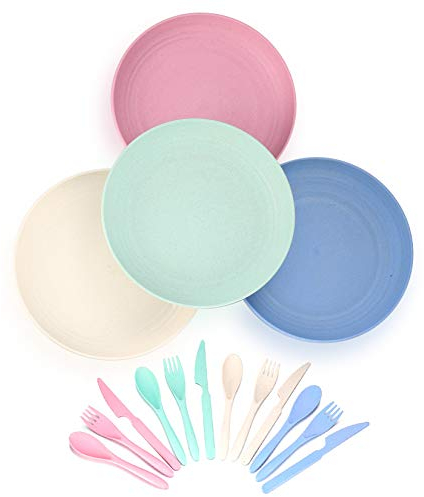 Ewwtrey 4 Packungen Geschirr Teller Set, unzerbrechliche Teller, Frühstücksteller Set mit Gabel, Messer, Löffel für Kleinkinder, Erwachsene, BPA-frei, umweltfreundlich, Geschirrspüler