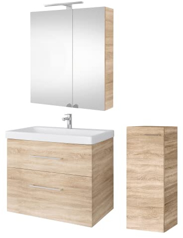 Planetmöbel Badmöbel Set Waschtisch mit Unterschrank 63 x 60 x 36,5 cm, Spiegelschrank 60 cm mit LED-Leuchte (schwarz matt) & Steckdose, inkl. Midischrank, Moderne Badezimmer Möbel, Sonoma Eiche