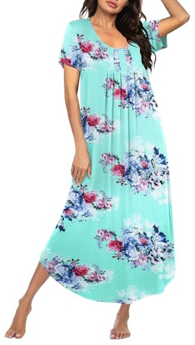 Ekouaer Long Nightgowns for Women Soft House Dress Pleated Front Nightshirt Full Length Loungwear Blue Flower XXL