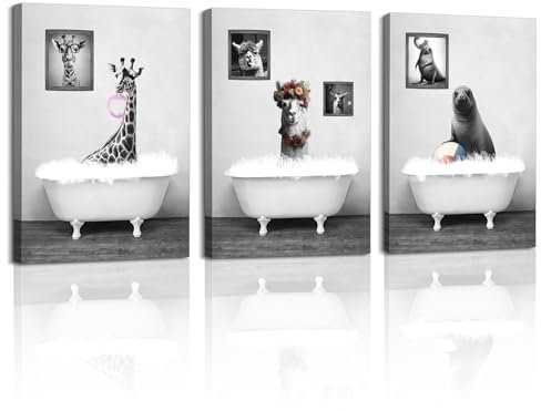 PIY PAINTING Set da 3 Quadro su tela in bianco e nero Giraffa, alpaca e foca in una vasca da bagno Quadri Moderni Decorazione da parete Animale Stampa su tela per Camera da letto Bagno Ufficio 30x40cm