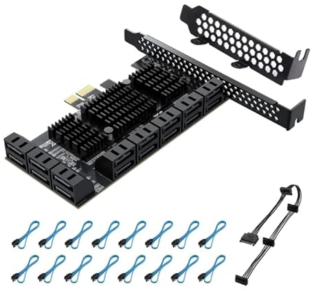 YBBOTT Tarjeta PCI Express a 16 Puertos1X Controlador SATA 3.0 6 Gbit/s Tarjeta de Expansión PCIe No Raid Soporta HDDS con Soporte de Bajo Perfil y 16 Cables Chips JMB575 + ASM1064