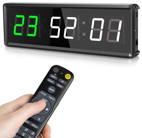 PELLOR Temporizador de Gimnasio Sports Timeter, 1.5 Temporizador Intervalos Fitness LED Programable con Cronómetro,Brillo Ajustable, Reloj de Entrenamiento con Control Remoto para Casa Garaje Externo