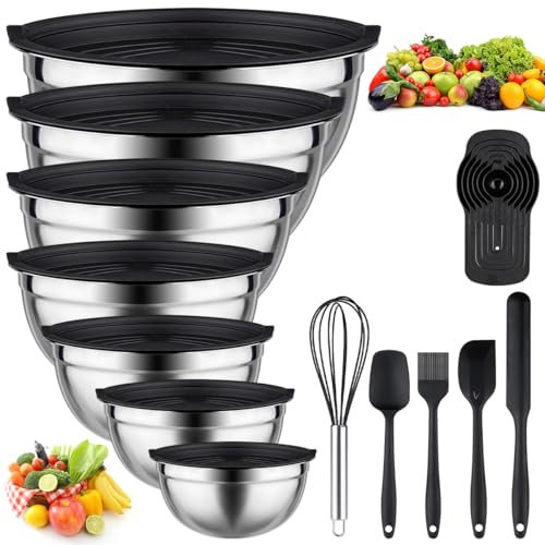 Leidawn Mixing Bowls with Lids set - 25 PCS Stainless Steel Nesting Black Mixing Bowls Set for Baking, Mixing, Serving & Prepping, Size 5, 3.7, 2.8, 2.3, 1.7, 1.1, 0.7QT, 11 Cooking Utensils