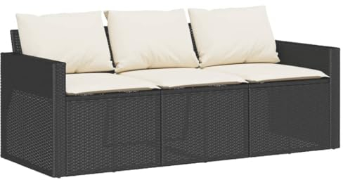 vidaXL Gartensofa, Sofa mit Kissen 3-Sitzer, Lounge Sitzgruppe Couch für Terrasse Balkon Garten, Gartenmöbel Garten Garnitur, Schwarz Poly Rattan