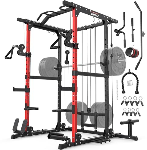 ARMAC Power Cage,1500lbs Multi-Function Power Rack with Adjustable Cable Crossover System and More Training Attachment, Weight Cage for Home Gym (Red01)
