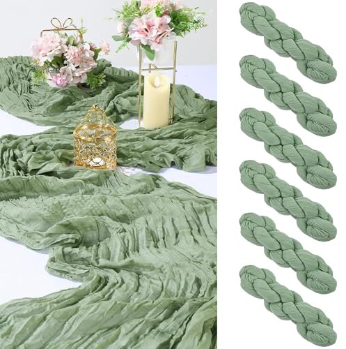 MUUKAIII 6 Pièces Chemins de Table en étamine en Vert Sauge 90 x 300cm Boho Gaze Etamine à Fromage Chemin de Table de Mariage pour décoration de Table de Mariage, Décoration D'arche de Mariage, Fête