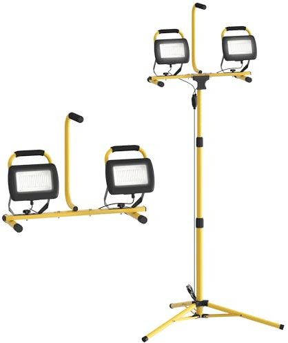 HOMCOM Foco LED Doble de Aluminio con Trípode Plegable 8500 Lúmenes IP65 6500K y Cabezas Ajustables para Trabajo Interior y Exterior Amarillo y Negro