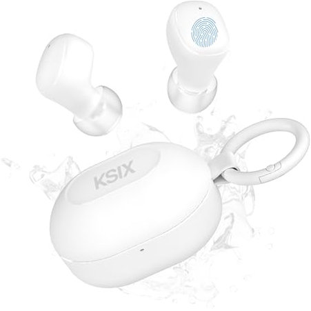 KSIX Neutron Écouteurs sans Fil, True Wireless Stereo, Bouton Multifonction, appels, Assistant Vocal, étui de Charge avec Mousqueton, autonomie 4h + 16h, USB-C, IPX4 résistant à l'eau, Blanc