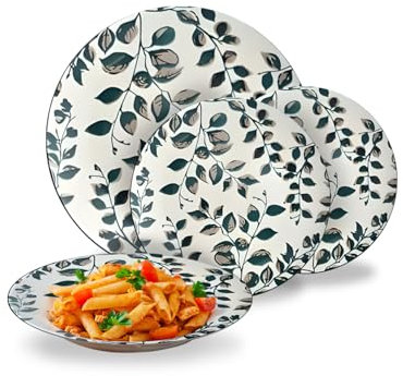 Avilia – Juego de platos modernos de porcelana de 18 piezas con decoración floral botánica de color octano, servicio elegante para 6 personas