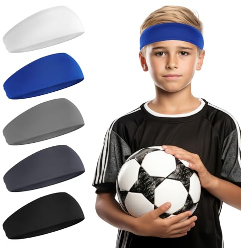 BOHUIZ 5 Pcs Sports Headbands, Elastic Soccer Headbands Boys Sports Sweatbands Breathable Sweat Wicking Headband for Football Running Basketball Tennis